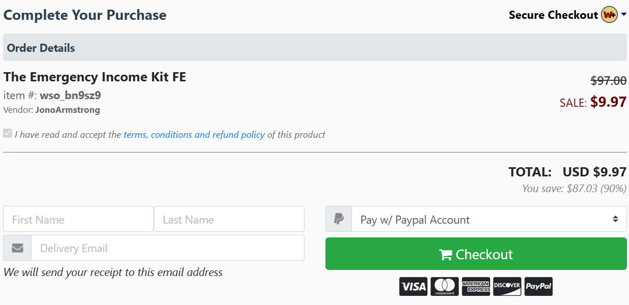 The Emergency Income Kit Checkout Page